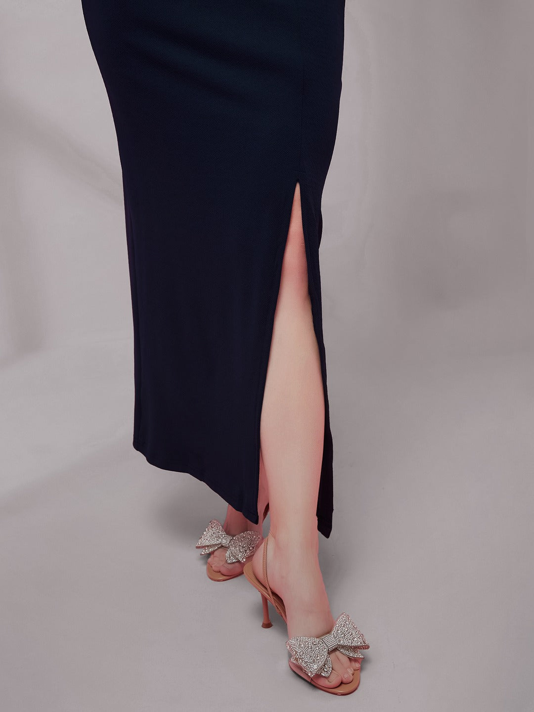 Navy Blue Solid One Shoulder Sleeveless Ruffled Maxi Dress for Women