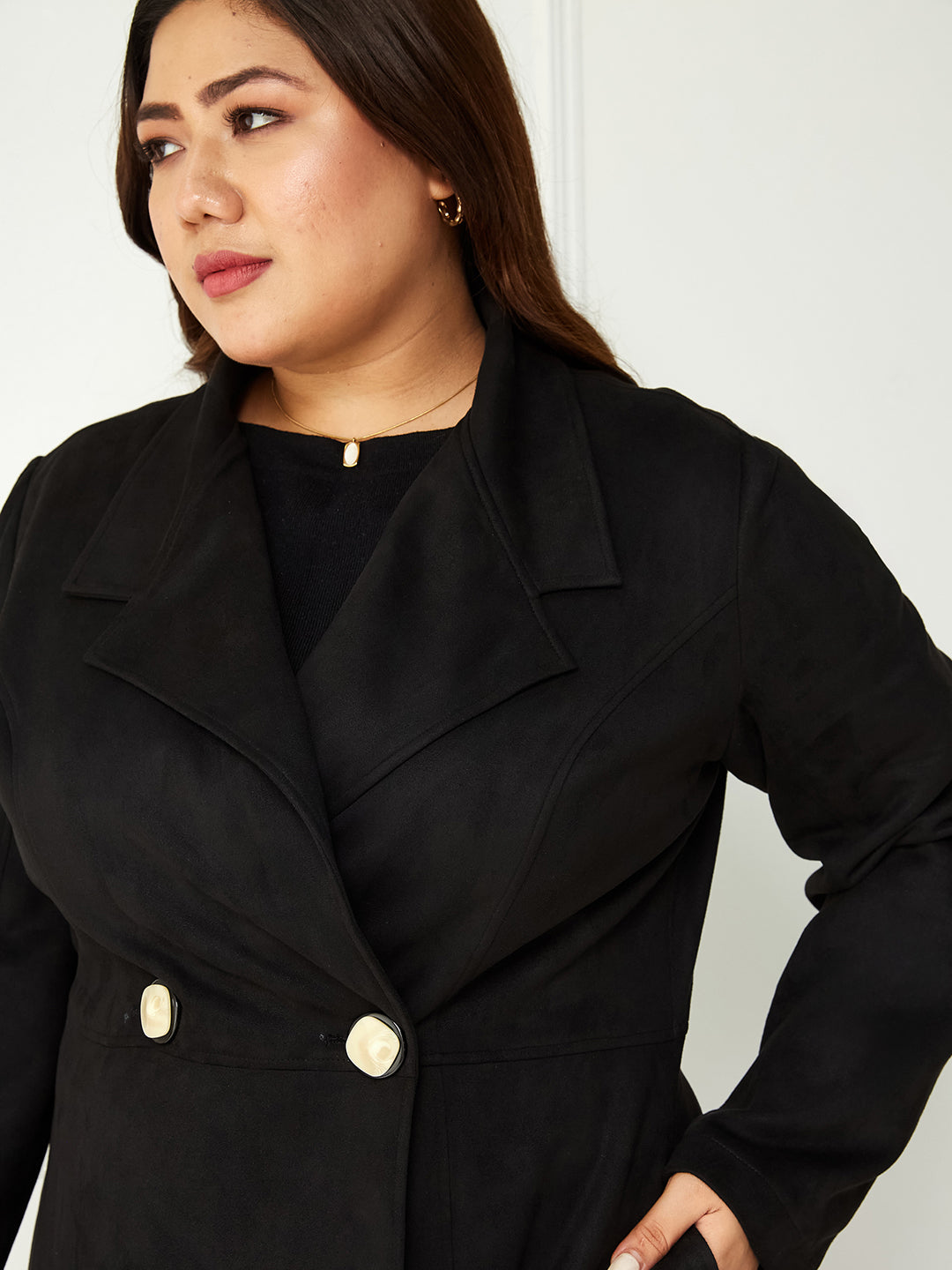 Body Bliss Black Solid Double Breasted Longline Jacket for Women — Miss Chase A+
