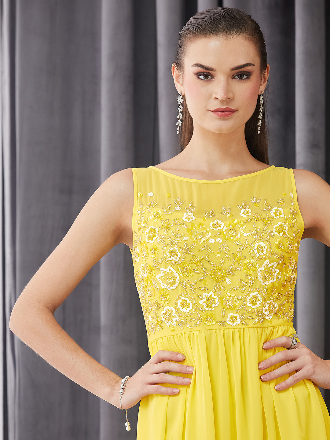 Women's Light Yellow Boat Neck Sleeveless Embroidered Georgette Gathered Maxi Dress