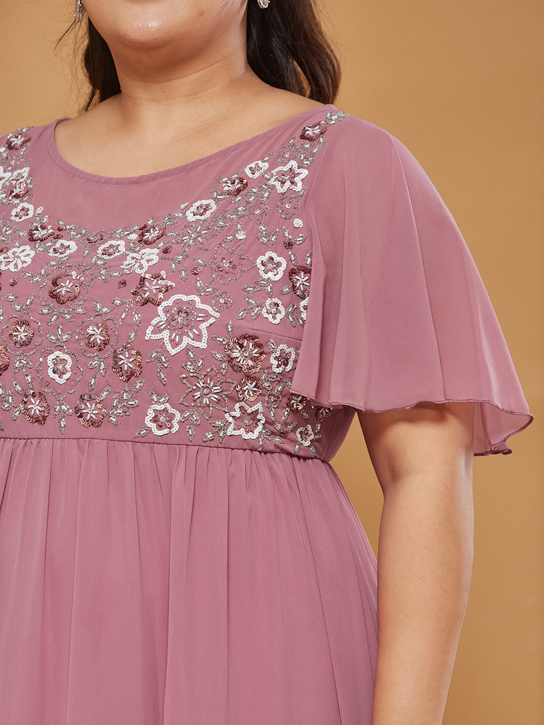 Dusty Lavender Boat-Neck Half-Sleeves Solid Embellished Georgette Maxi Dress for Women