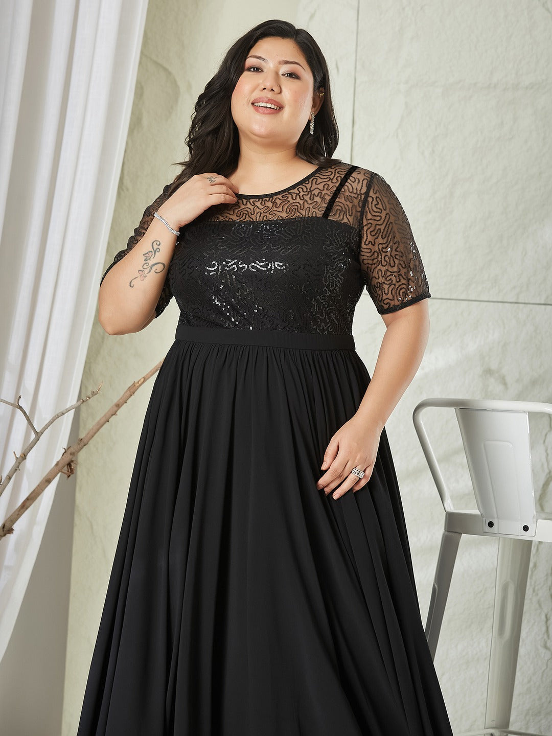 Black Relaxed Fit Maxi Georgette & Sequins Dress for Women