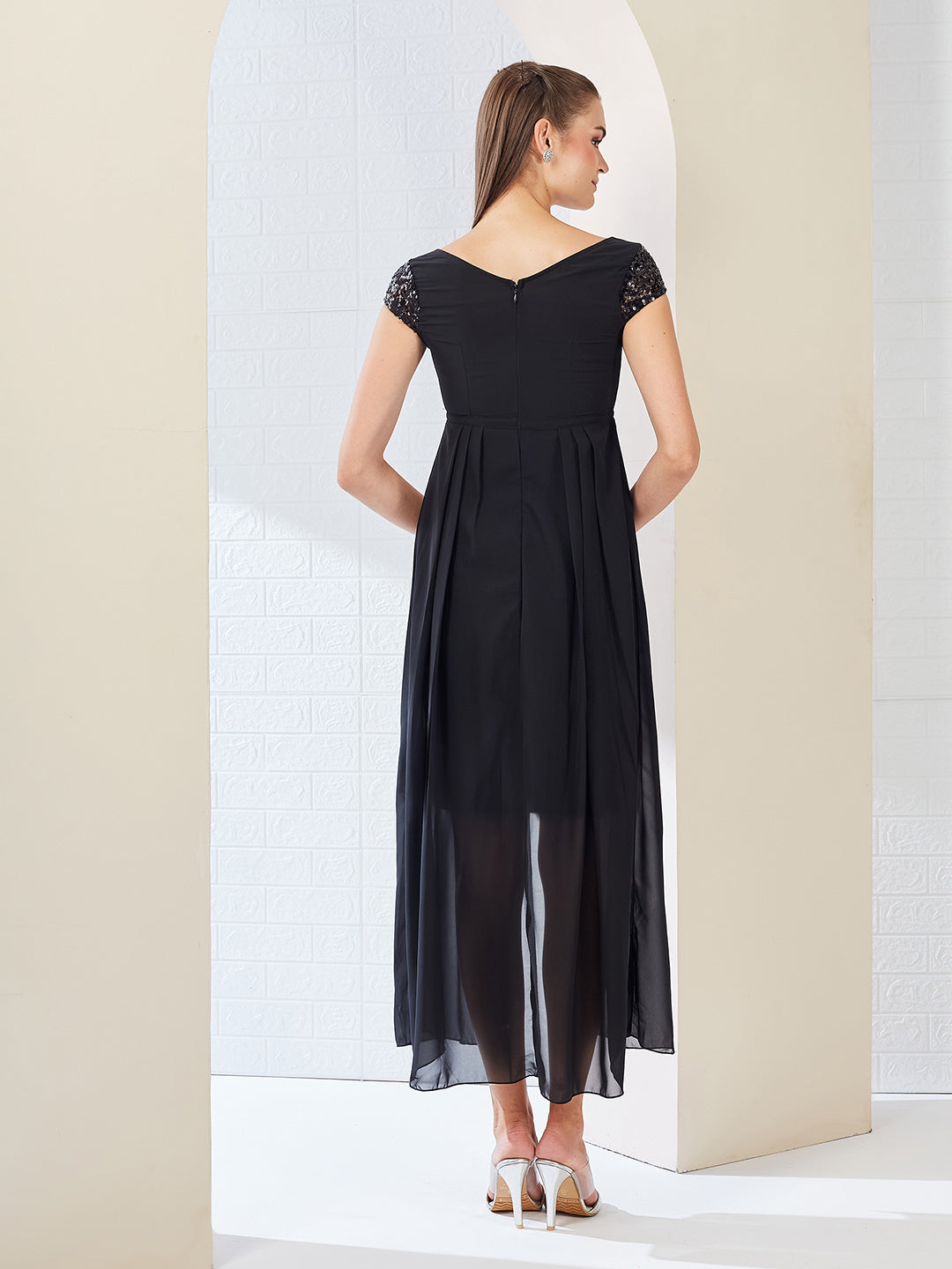Black Embellished Fit & Flare Maxi Dress for Women