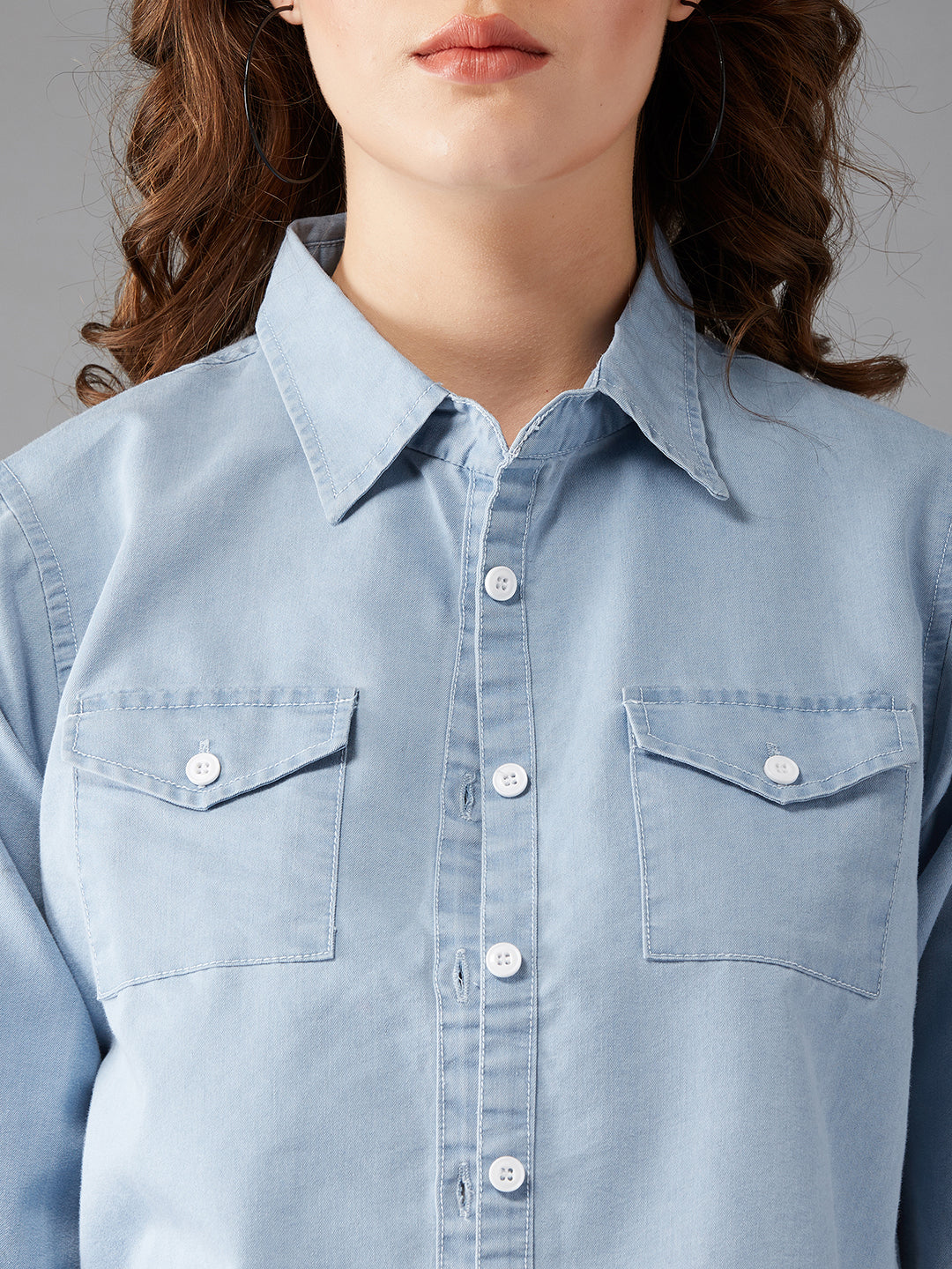 Women's Light Blue Polo Neck Ruffled Full Sleeve Solid Regular Length Open Front Denim Jacket