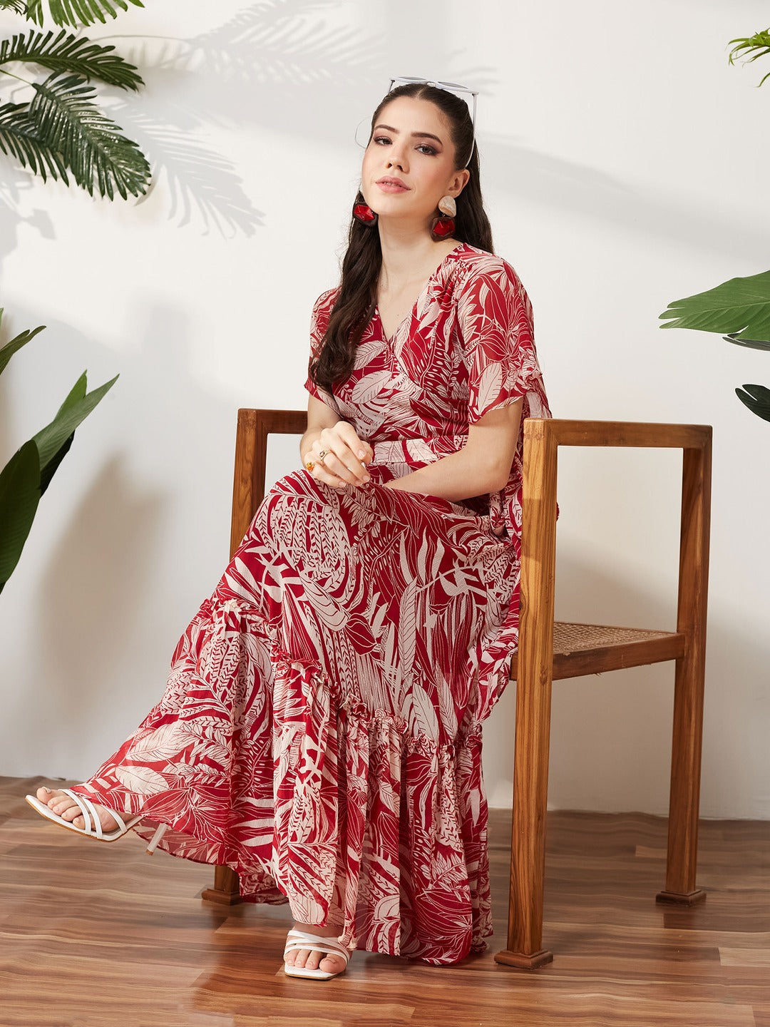 Maroon V Neck Flared Sleeve Floral Wrap Maxi Dress for Women