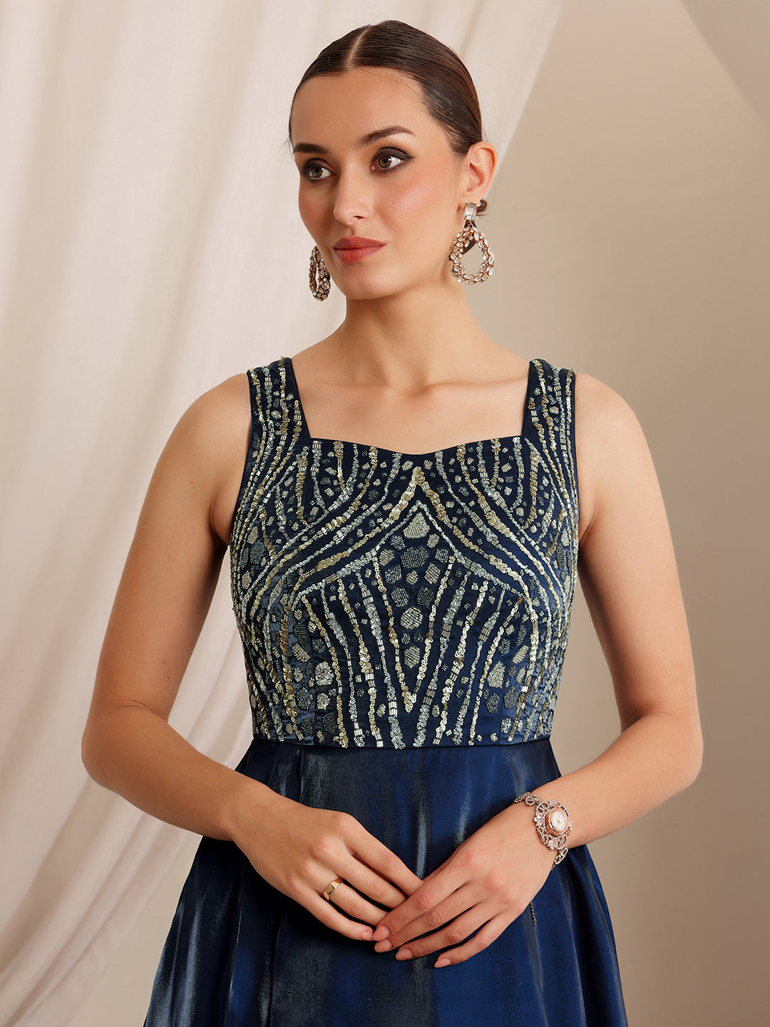 Women's Navy Blue Sweetheart Sleeveless Embroidered Layered Satin Maxi Dress