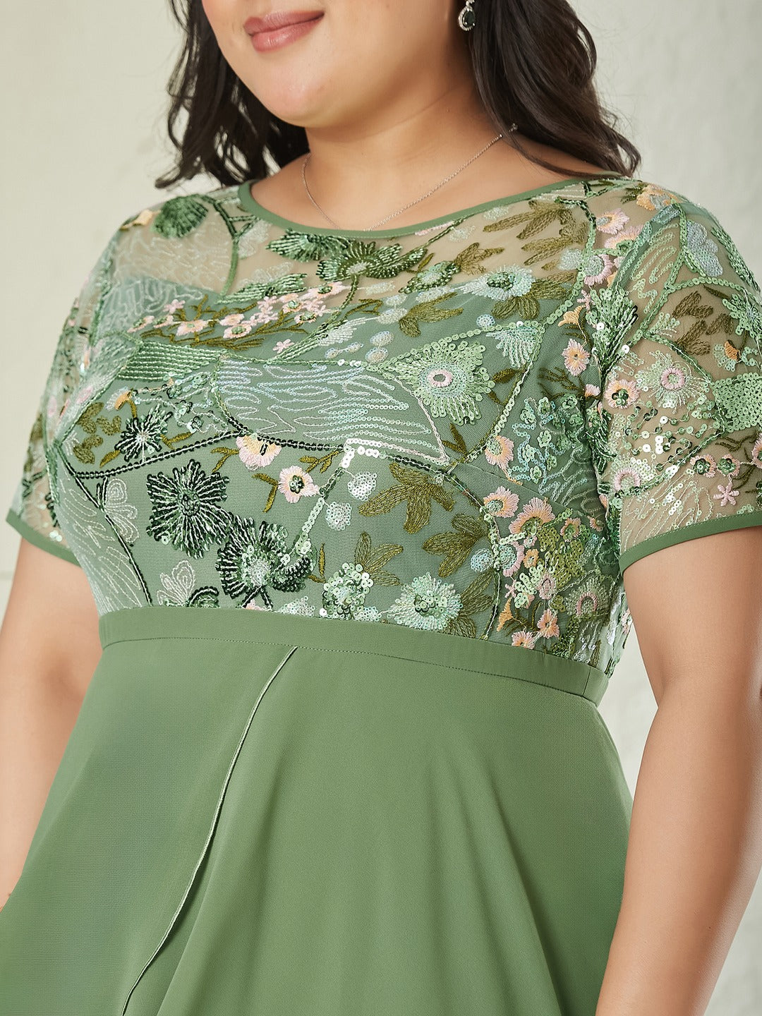 Light Green Embellished Layered Georgette Midi Dress for Women