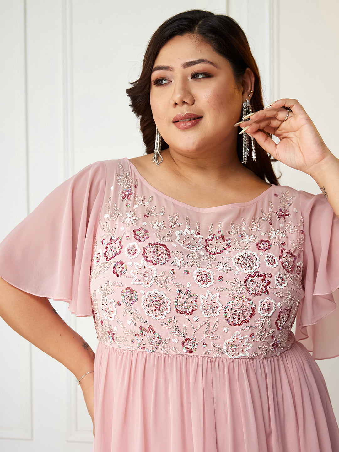 Light Pink Flared Sleeves Fit and Flare Sequinned Maxi Dress Long Dress Gown Frock for Women |