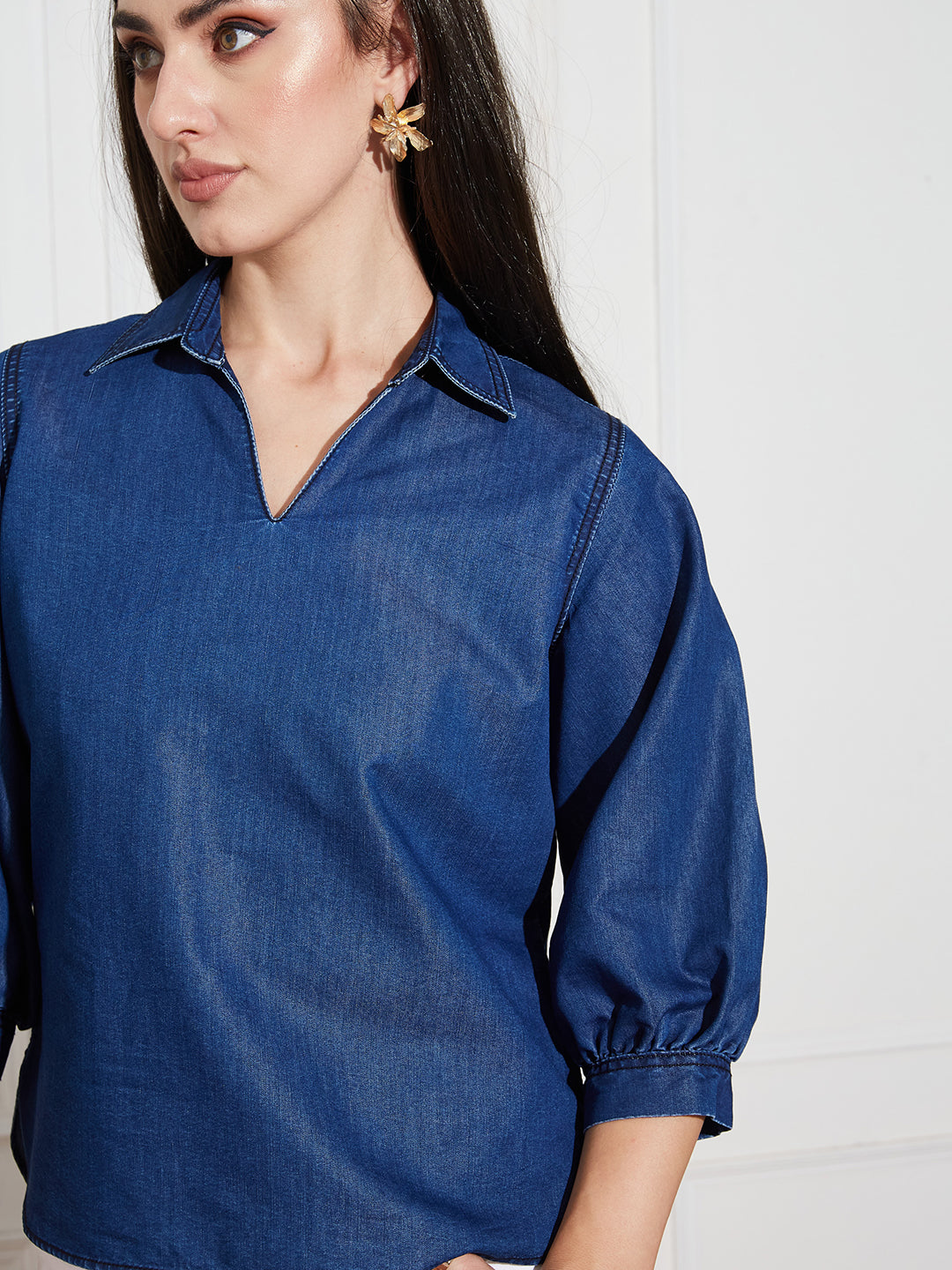 Women's Dark Blue Collar-Neck Puff-Sleeve Solid-Colored Light Weight Denim Tunic Top