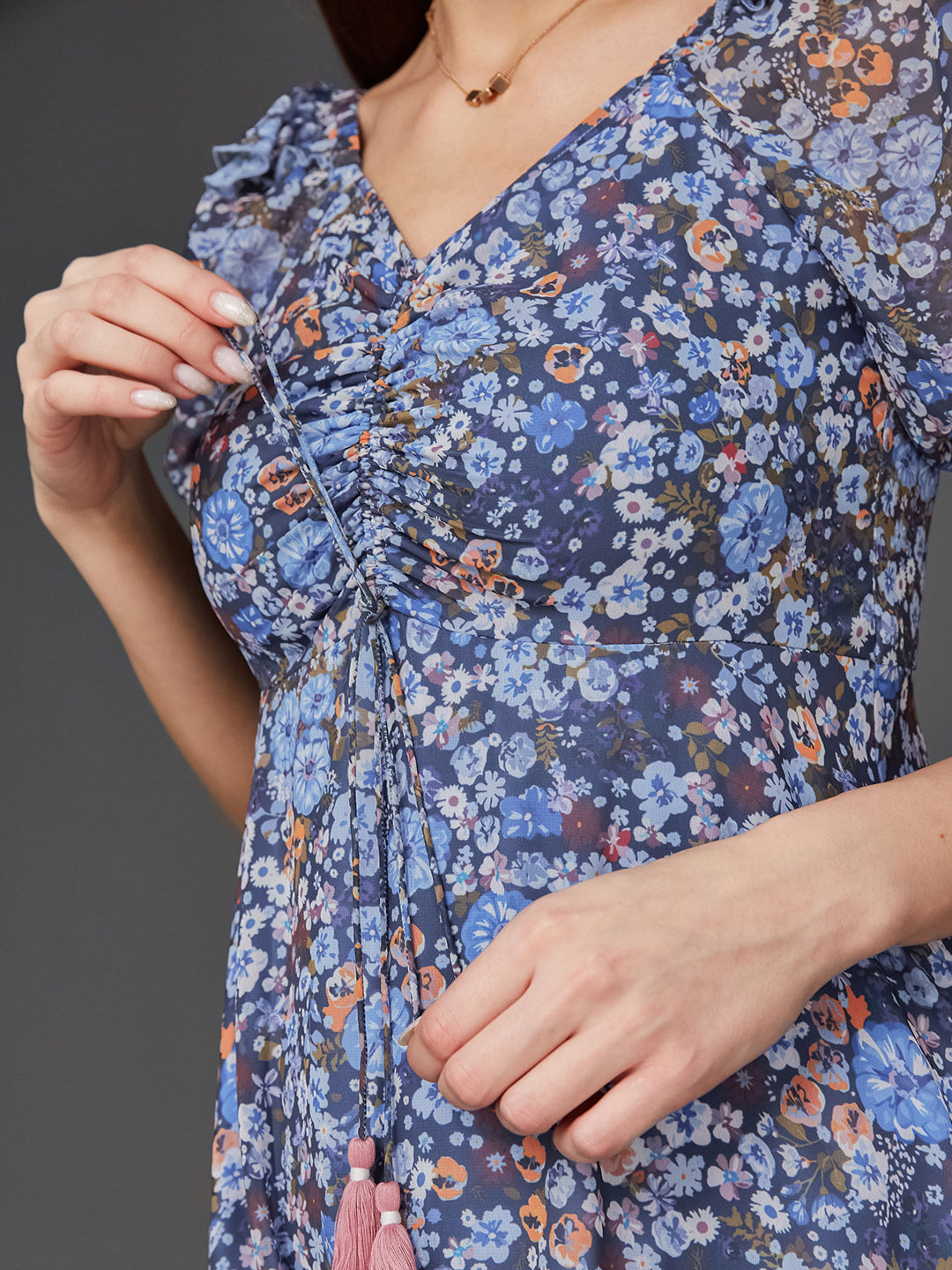 Navy Blue Multicoloured Floral Printed Puff Sleeves Sweetheart Neck Fit and Flare Maxi Dress Long Dress Frock