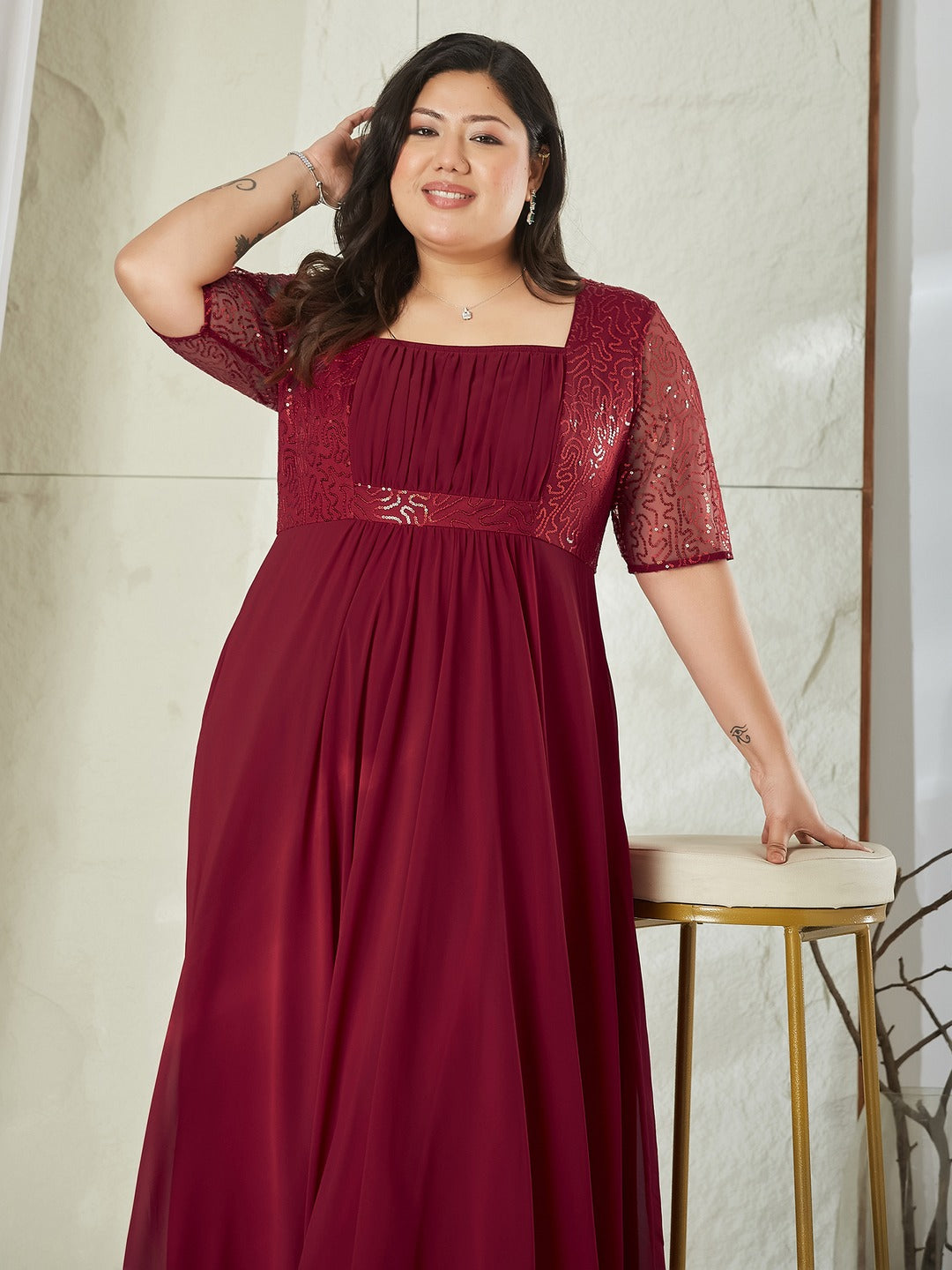 Maroon Square Neck Half Sleeve Solid Embellished Maxi Dress for Women