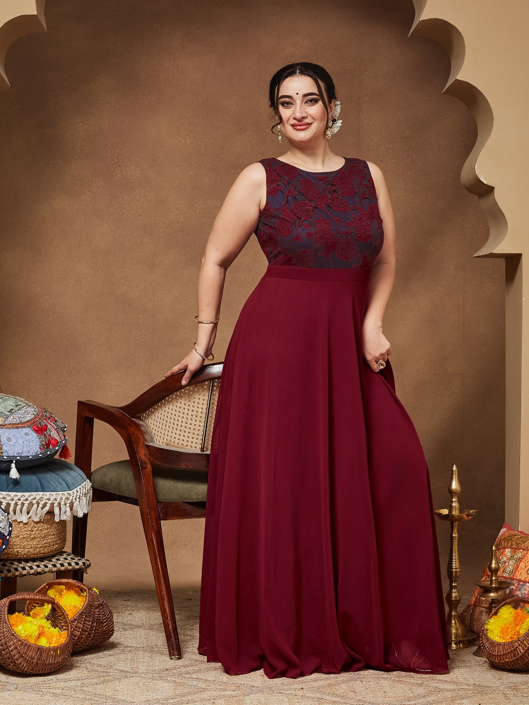 Maroon & Teal Boat Neck Sleeveless Self Design Lace Overlaid Maxi Dress for Women — Miss Chase A+