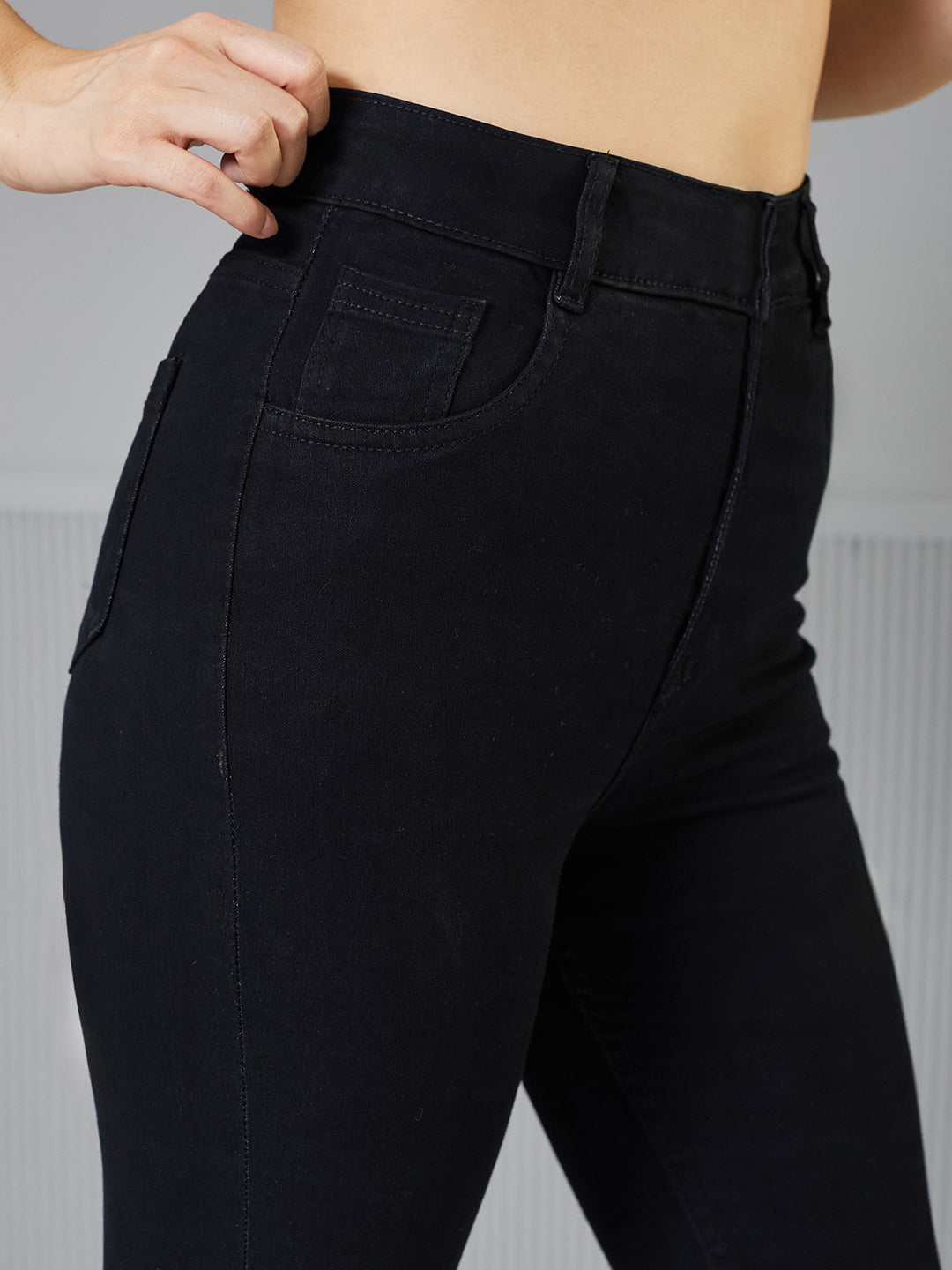 Black Skinny-Fit Fringed Detailing High-Rise Solid Cropped Stretchable Denim Jeans for Women — Miss Chase