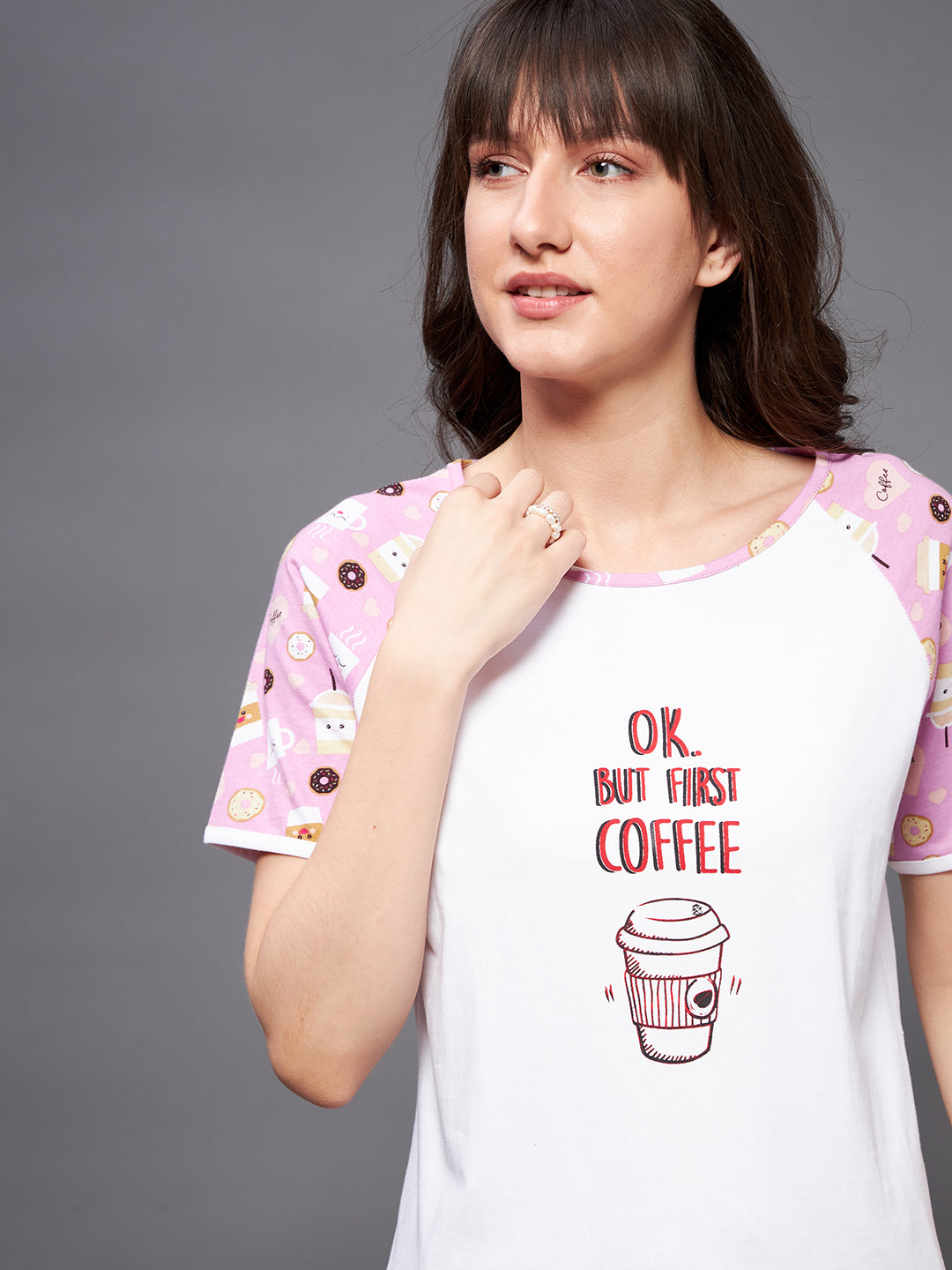Women's White and Pink Round Neck Short Sleeve Printed Regular Top and Capri Set