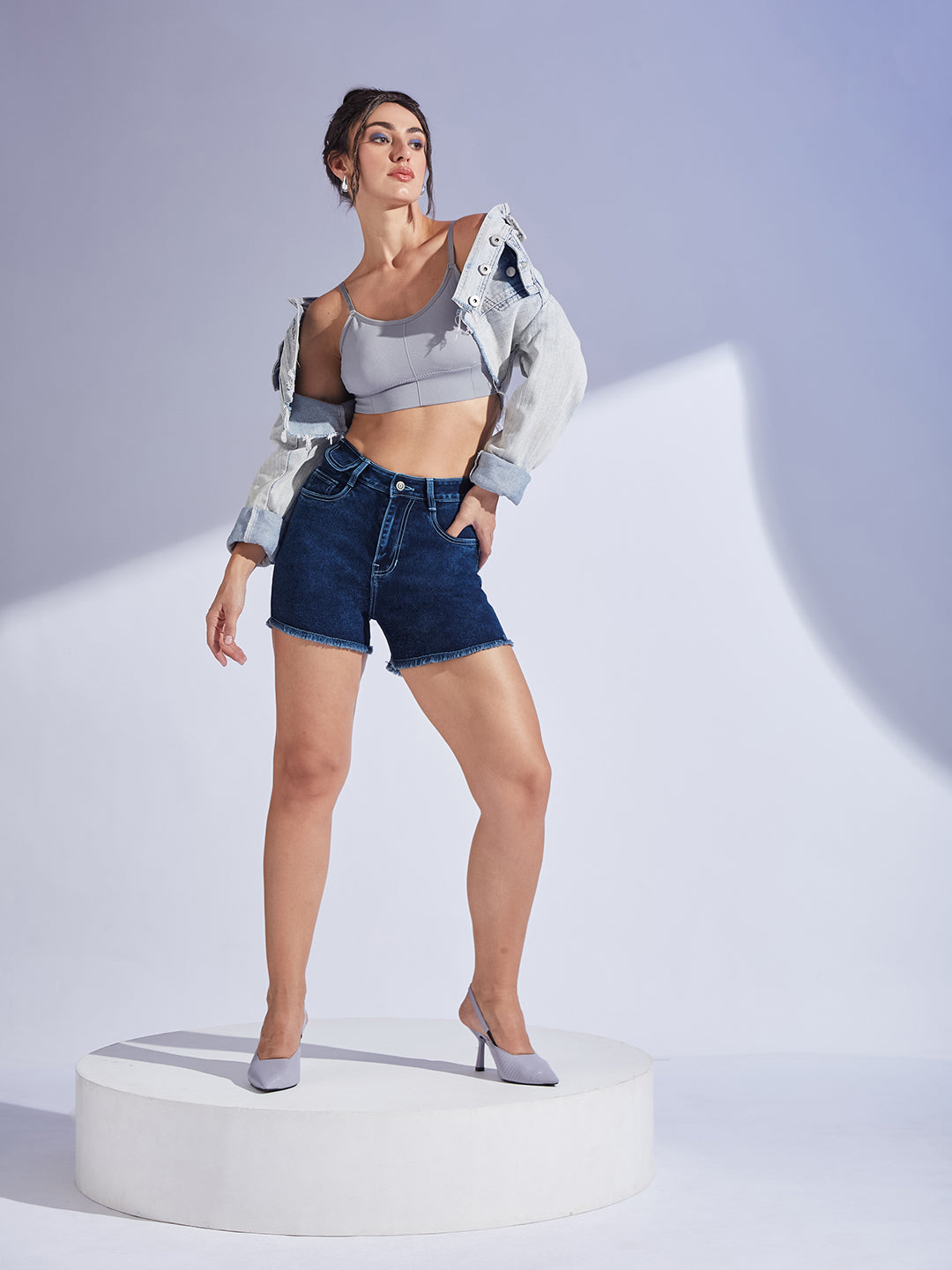 Women's Navy Blue Relaxed Fit High-Rise Stretchable Denim Faded Shorts