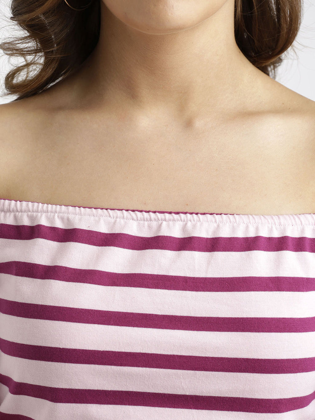 Women's Maroon And Pink Off-shoulder Short Sleeve Cotton Striped Bardot Crop Top