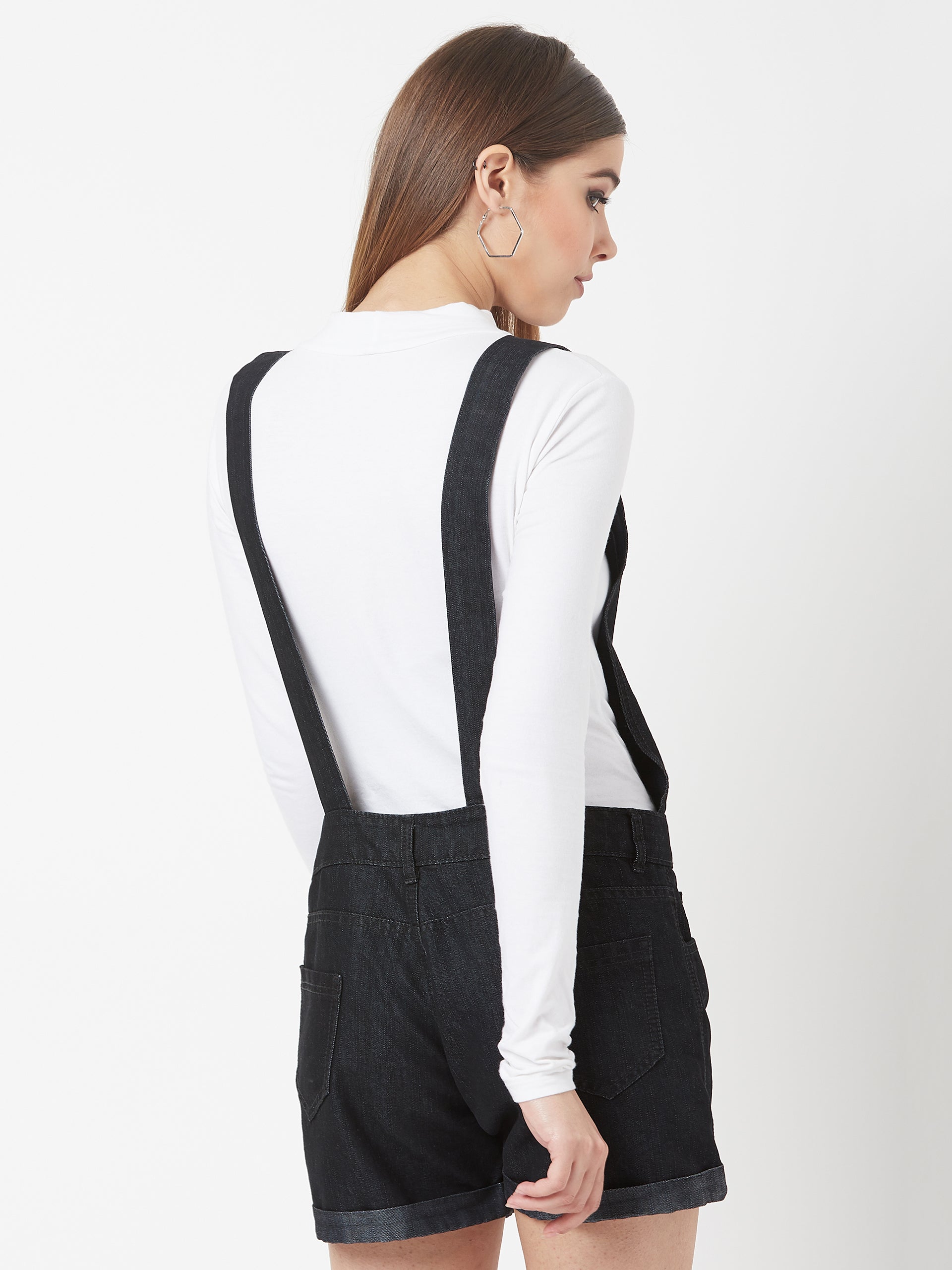 Women's Black Non-Stretchable Solid Mid Rise Regular Length Denim Dungarees