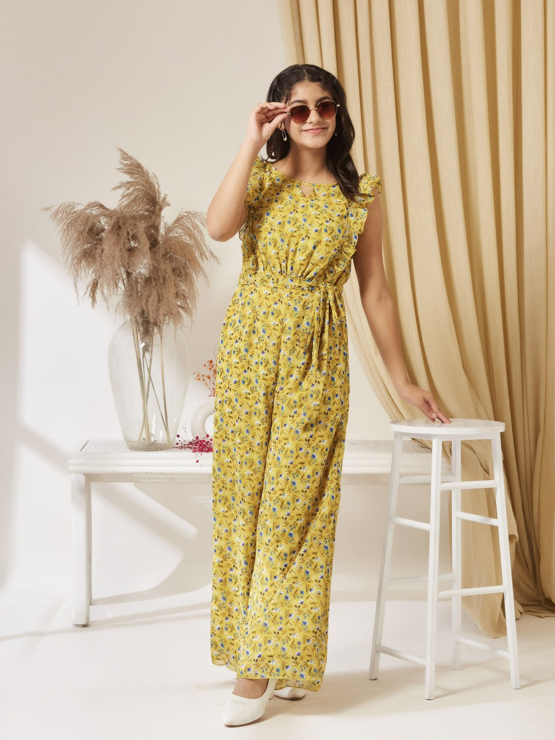 Yellow Round neck Sleeveless Floral Wide Leg Regular Jumpsuit for Girls/Teenagers