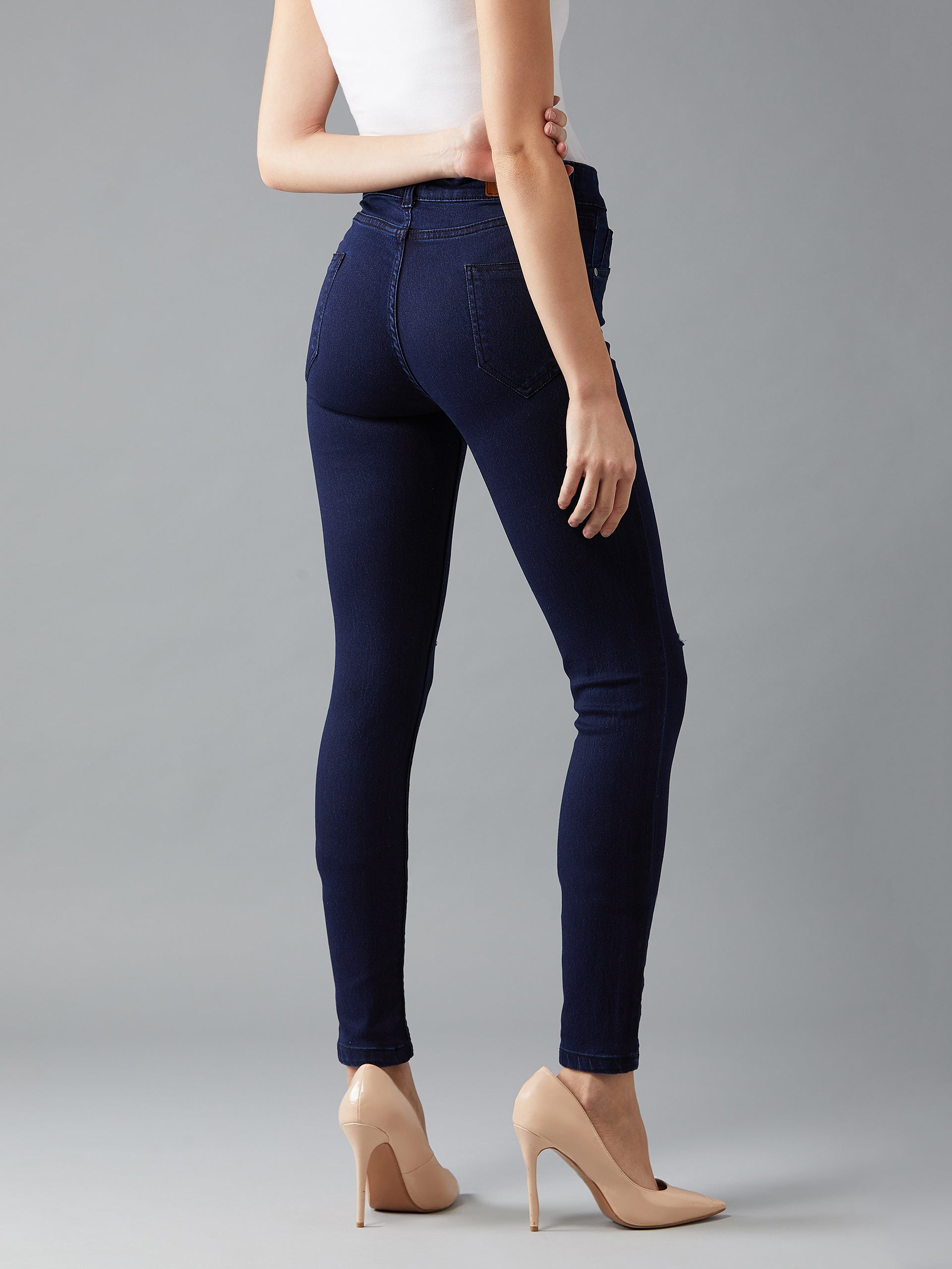24/7 Comfort Navy-Blue Skinny-Fit High-Rise Knee-Slit Stretchable Denim Jeans