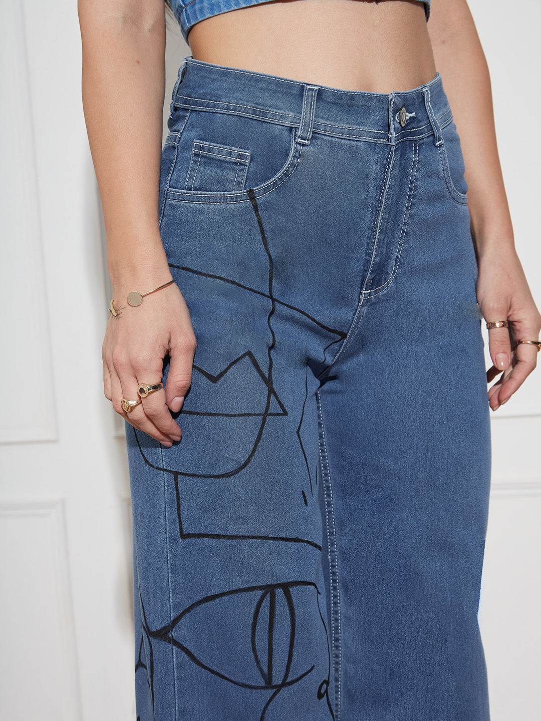 Women's Blue Wide Leg High Rise Hand Painted Clean Look Stretchable Denim Jeans
