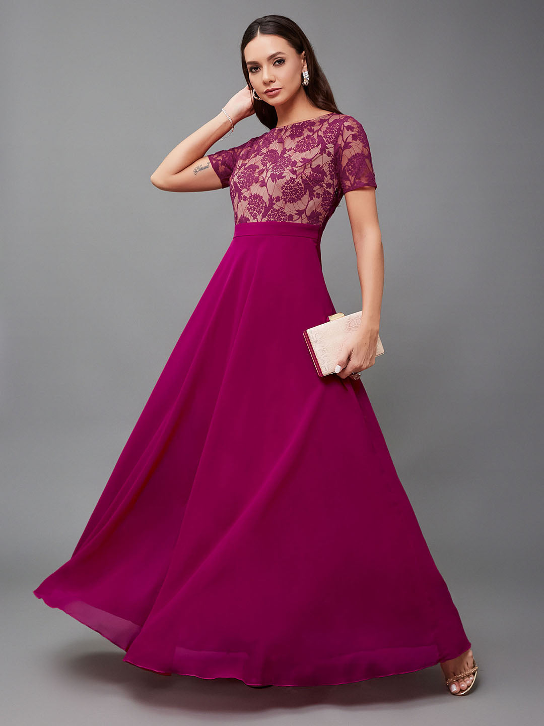 Dark Pink Short Sleeves Lace Fit and Flare Maxi Dress for Women