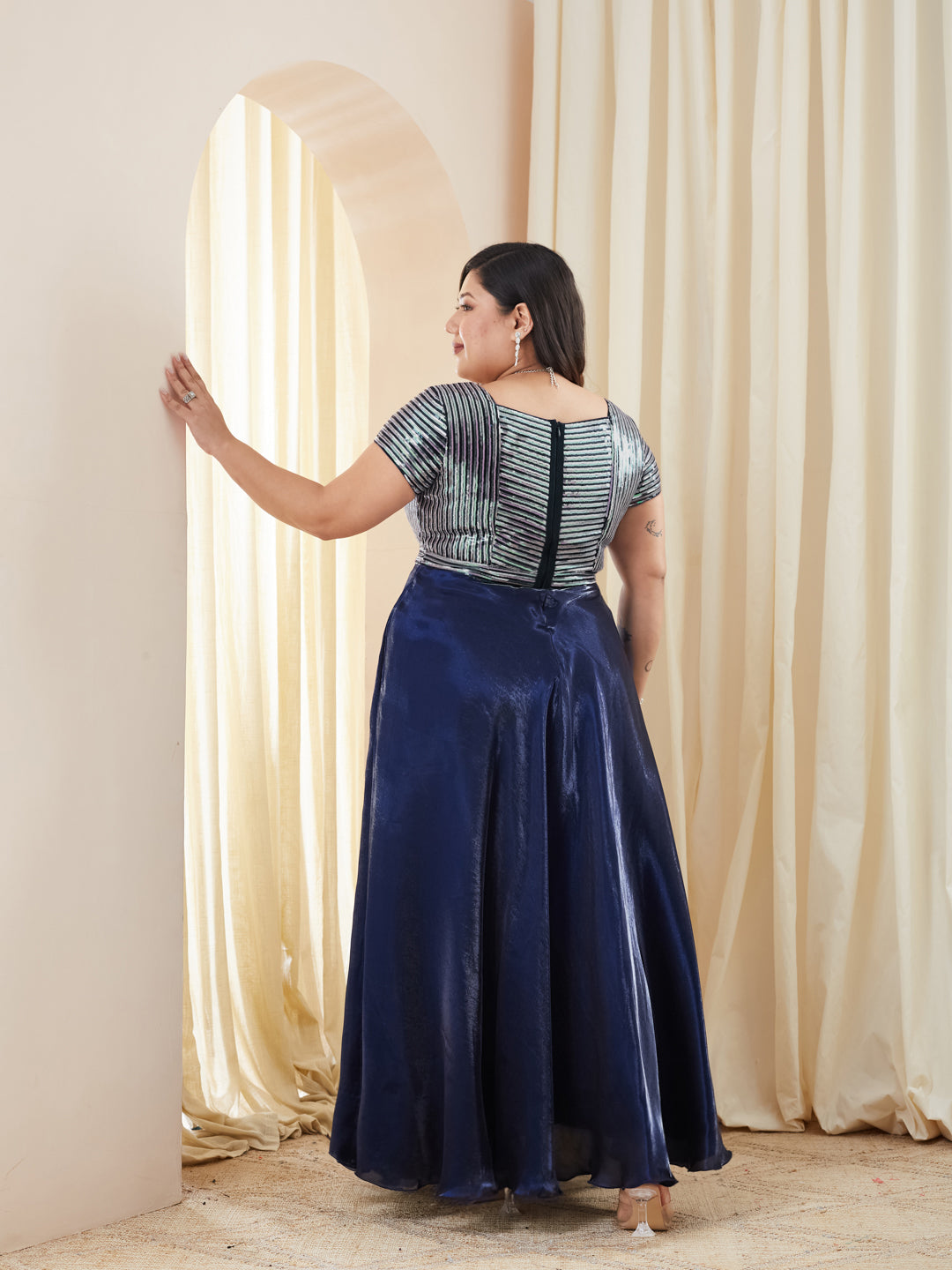 Navy Blue Sweetheart Embellished Gown in Premium Pleated Satin for Women