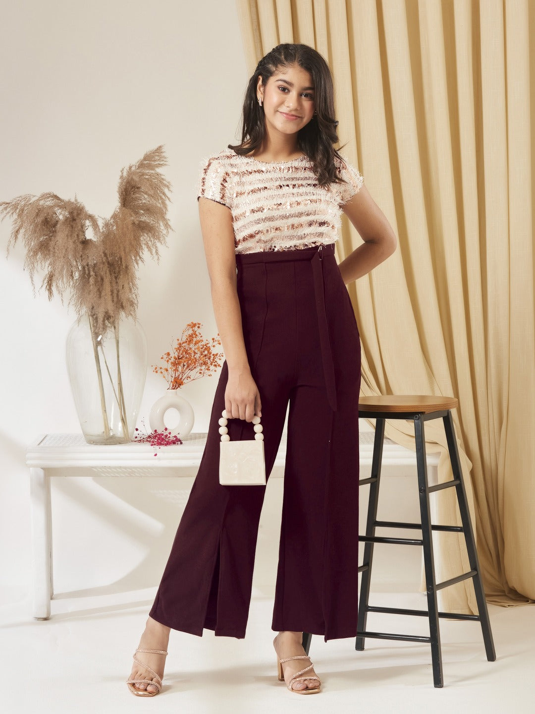 Wine & Beige Round Neck Short Sleeve Embellished Front Slit Fringed Regular Jumpsuit for Girls/Teenagers