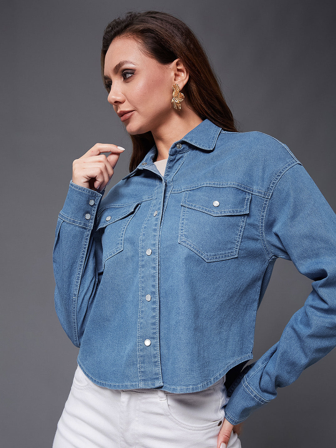 Women's Mid Blue Shirt Collar Full Sleeve High Low Solid Crop Denim Shirt