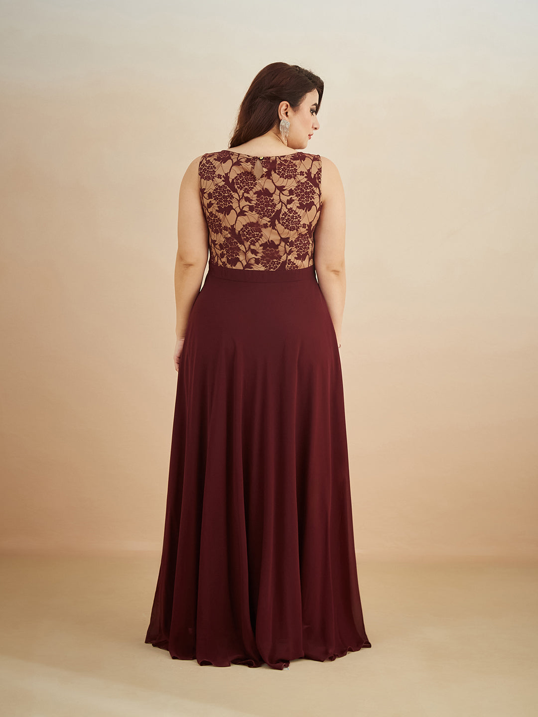 Beige & Wine Round Neck Sleeveless Georgette Floral Lace Fit & Flare Maxi Dress for Women