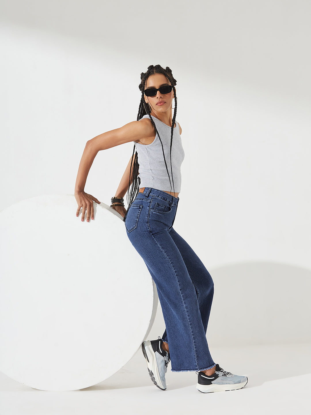 Navy-Blue Wide-Leg High-Rise Stretchable Denim Jeans for Women