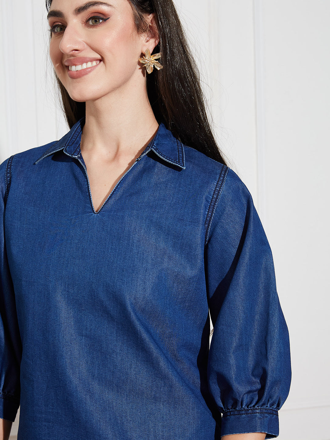 Women's Dark Blue Collar-Neck Puff-Sleeve Solid-Colored Light Weight Denim Tunic Top