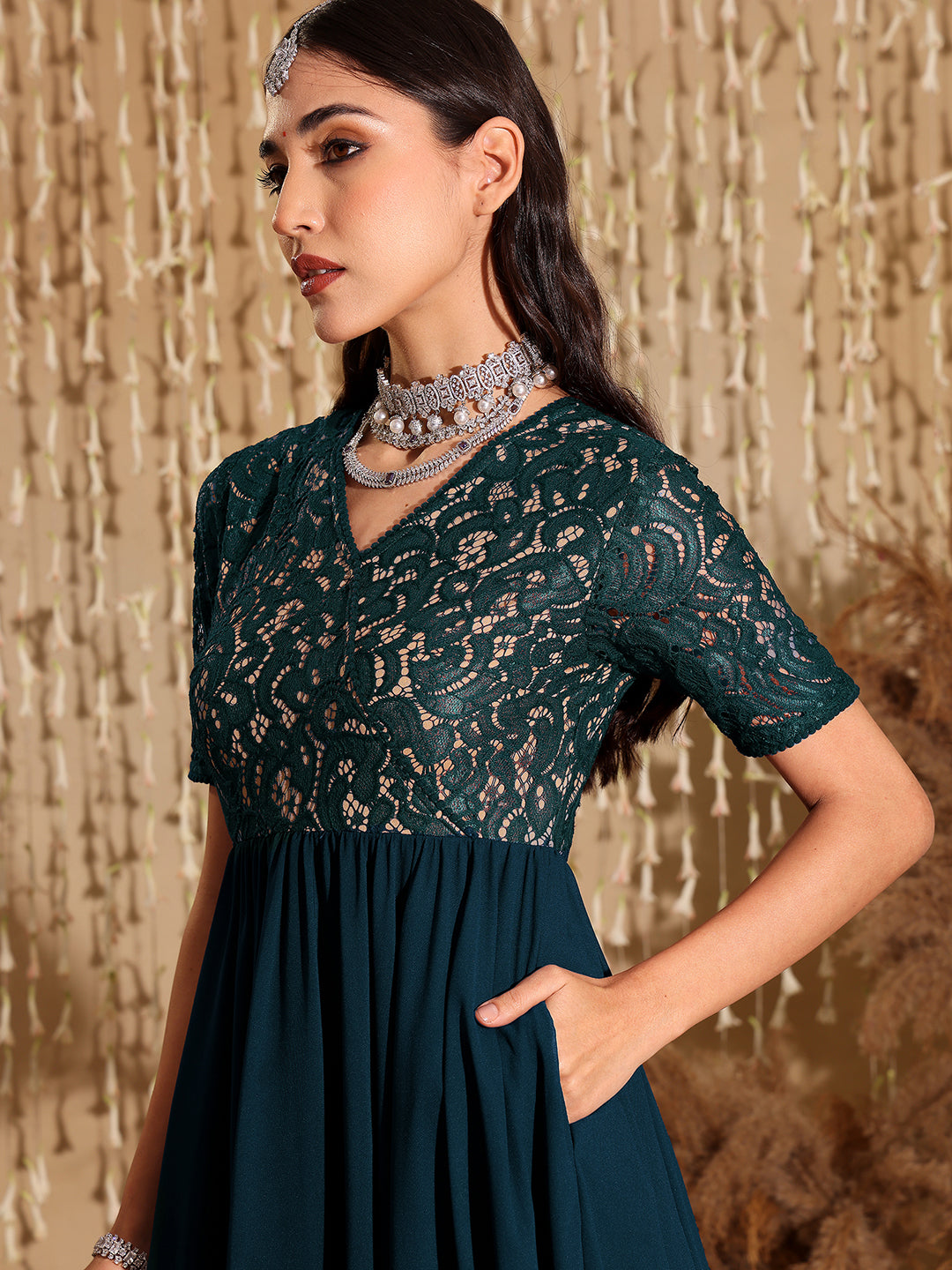 Women's Teal V-Neck Half Sleeve Self Designed Wrap Georgette Maxi Dress