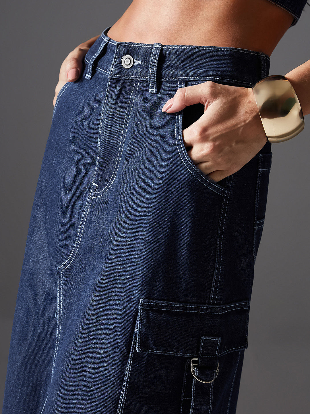 Women's Navy Blue Straight High-Rise Midi Denim Cargo Skirt