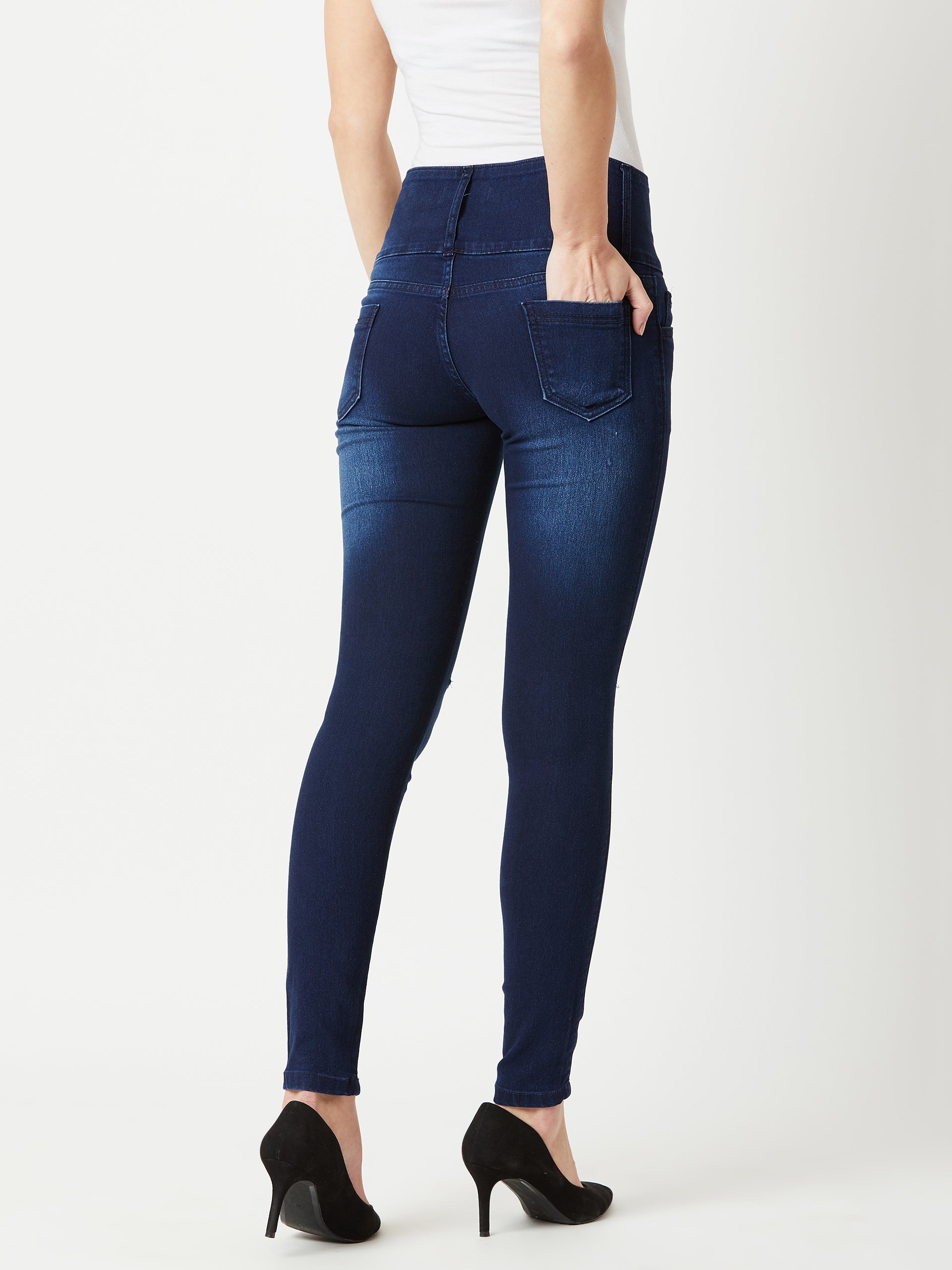Women's Navy-Blue Skinny-Fit High-Rise Double Knee-Slit Stretchable High-Rise Denim Jeans