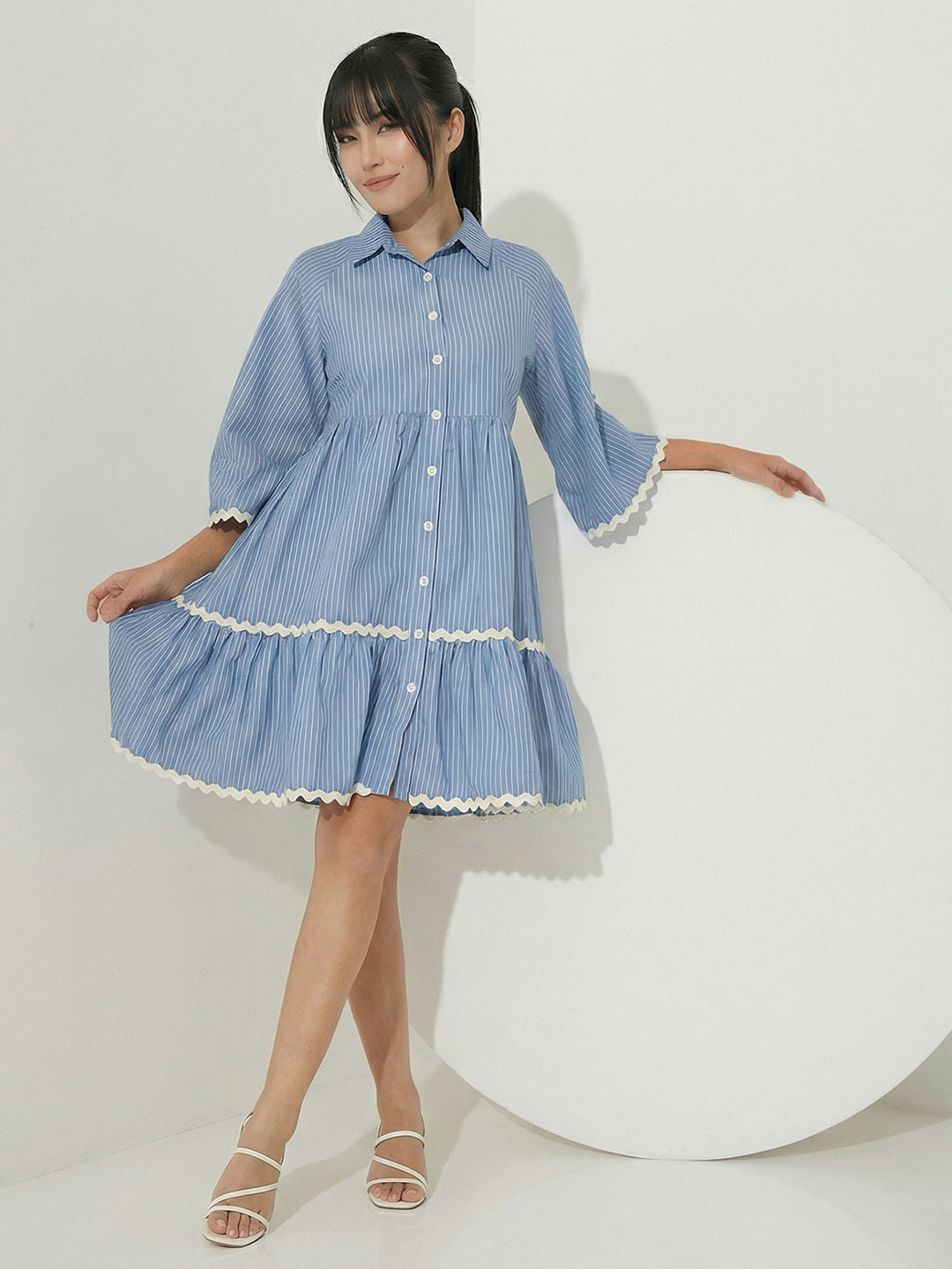 Light Blue Striped Cotton Shirt Dress with Flared Sleeves and Tiered Hem for Women