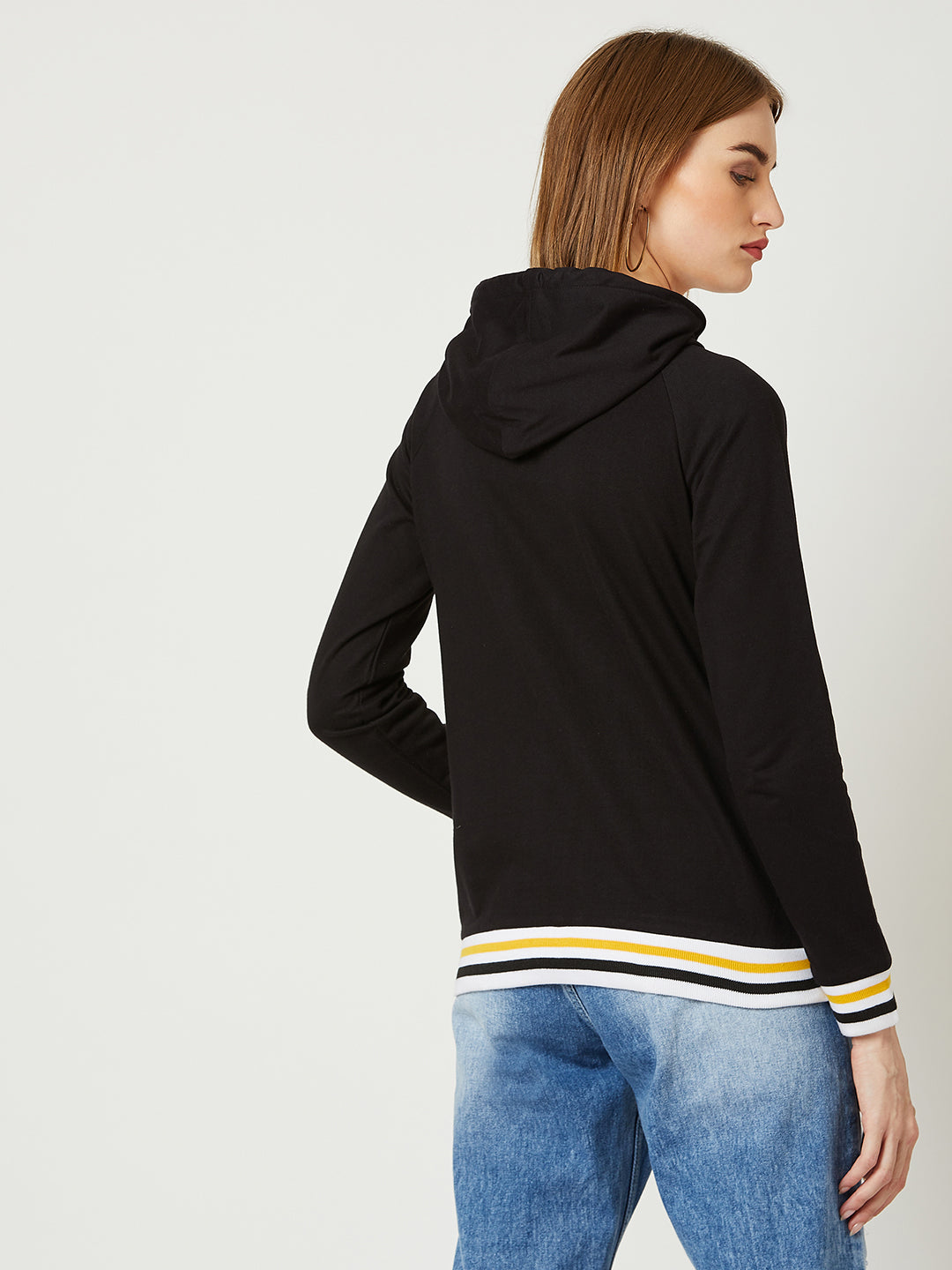 Women's Multicolored- Base- Mustard Yellow Hooded Full Sleeves Loop knit, Rib Solid Color-Block/Raglan Regular Length Jacket