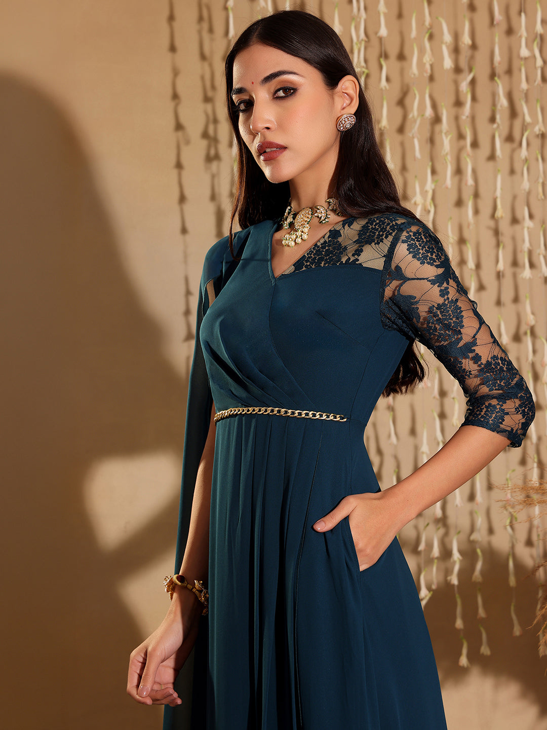Women's Teal V-Neck Asymmetric Self-Designed Georgette Maxi Dress