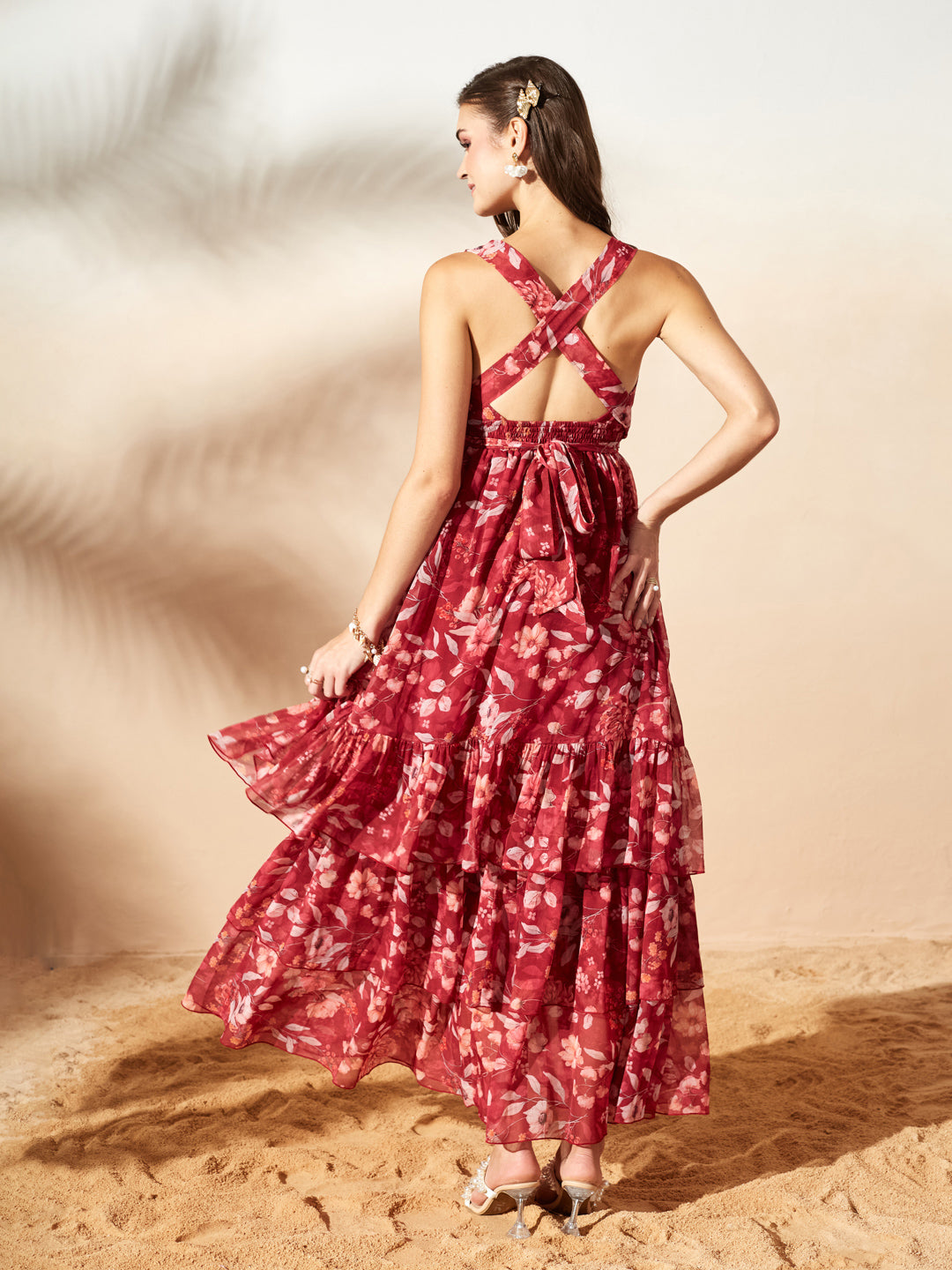 Maroon V-Neck Sleeveless Floral Criss Cross/ Layered/ Ruffled Maxi Chiffon Dress for Women — Miss Chase