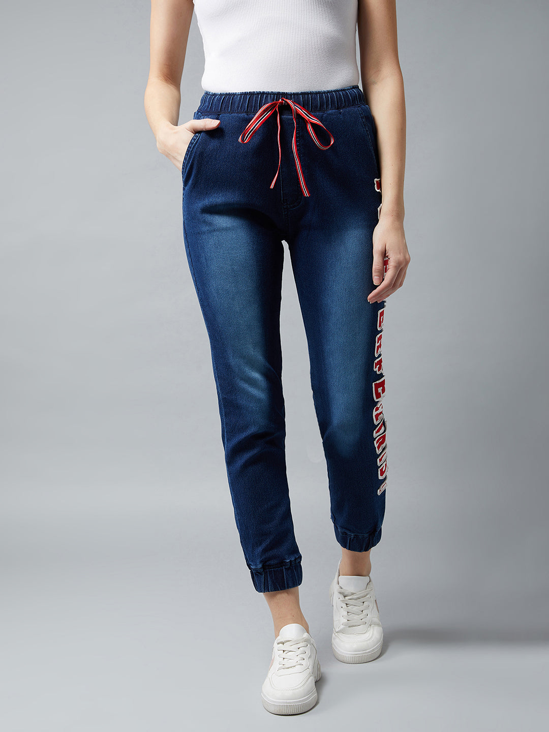 Women's Navy Blue Regular Fit Mid Rise Clean-Look Regular Length Stretchable Denim Jogger