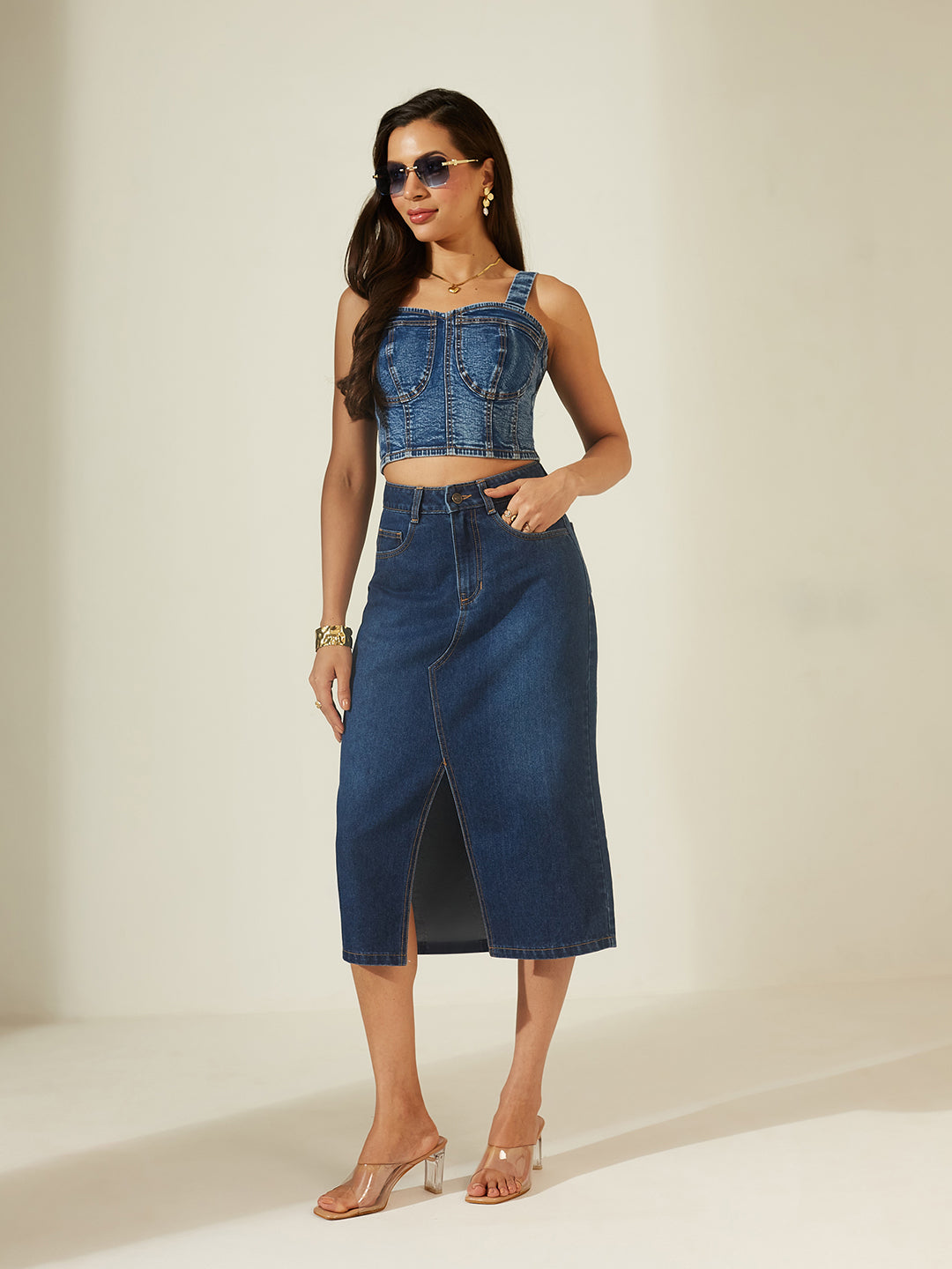 Navy Blue Sweet Heart Sleeveless Solid Bustier Top Crop Navy Blue Top For Women
