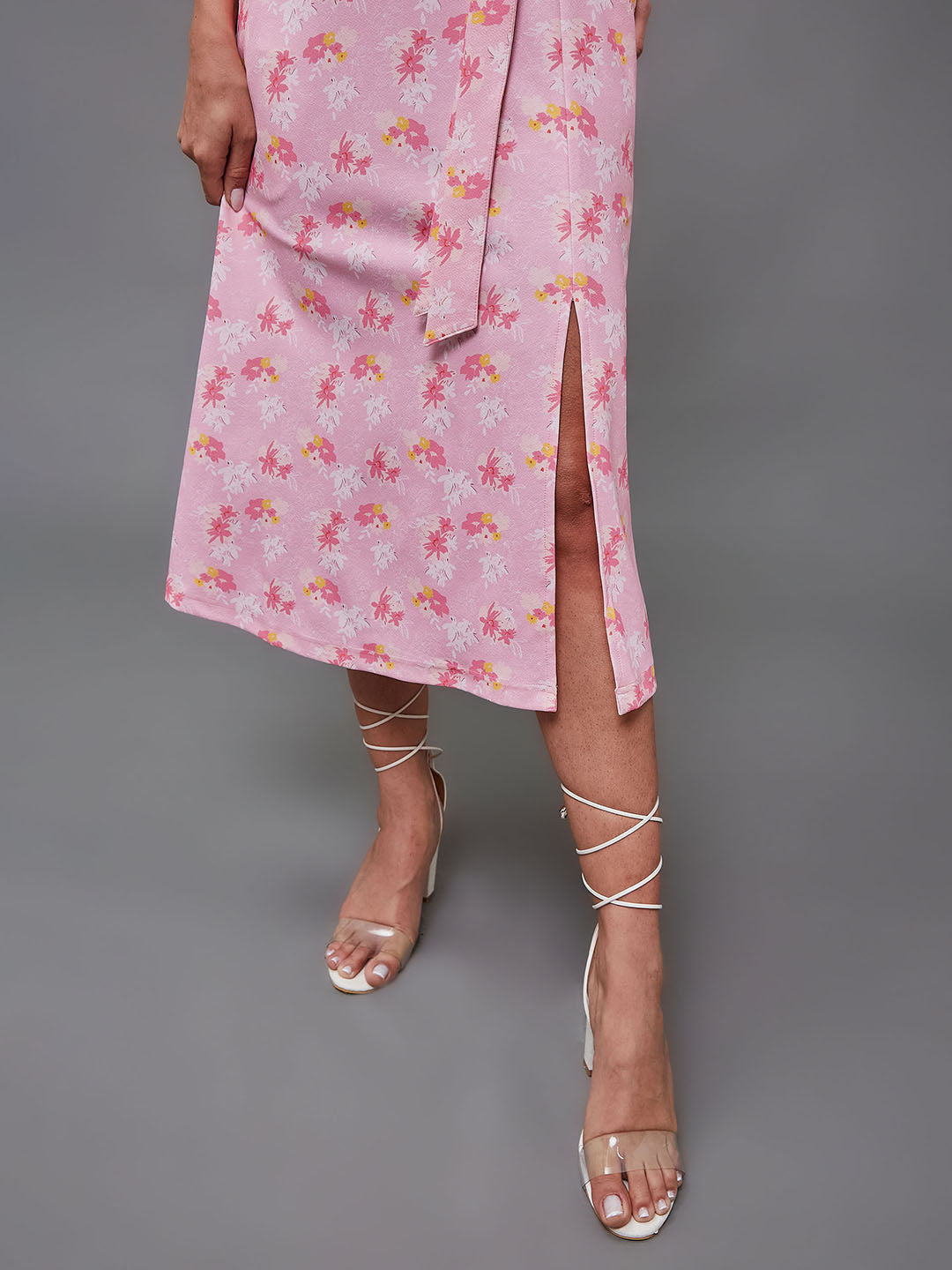 Crease Ease Multicolored-Base-Pink V-neck Puff Sleeve Floral Wrap Midi Dress for Women
