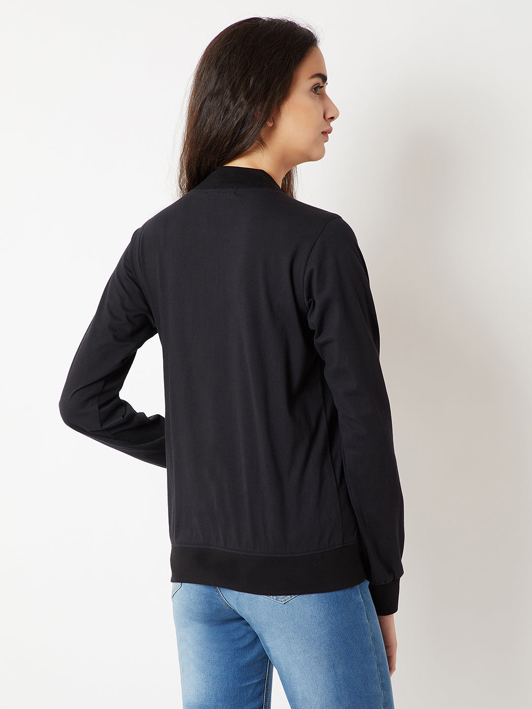 Women's Black Round Neck Full Sleeve Cotton Solid Multicolored Twill Tape Detailing Bomber Jacket