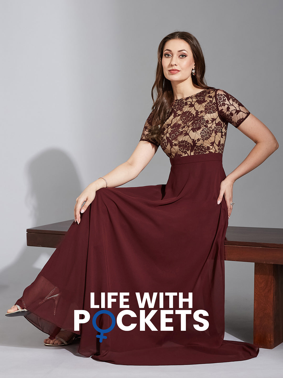 Wine Short Sleeves Lace Fit and Flare Maxi Dress Long Dress Frock for Women