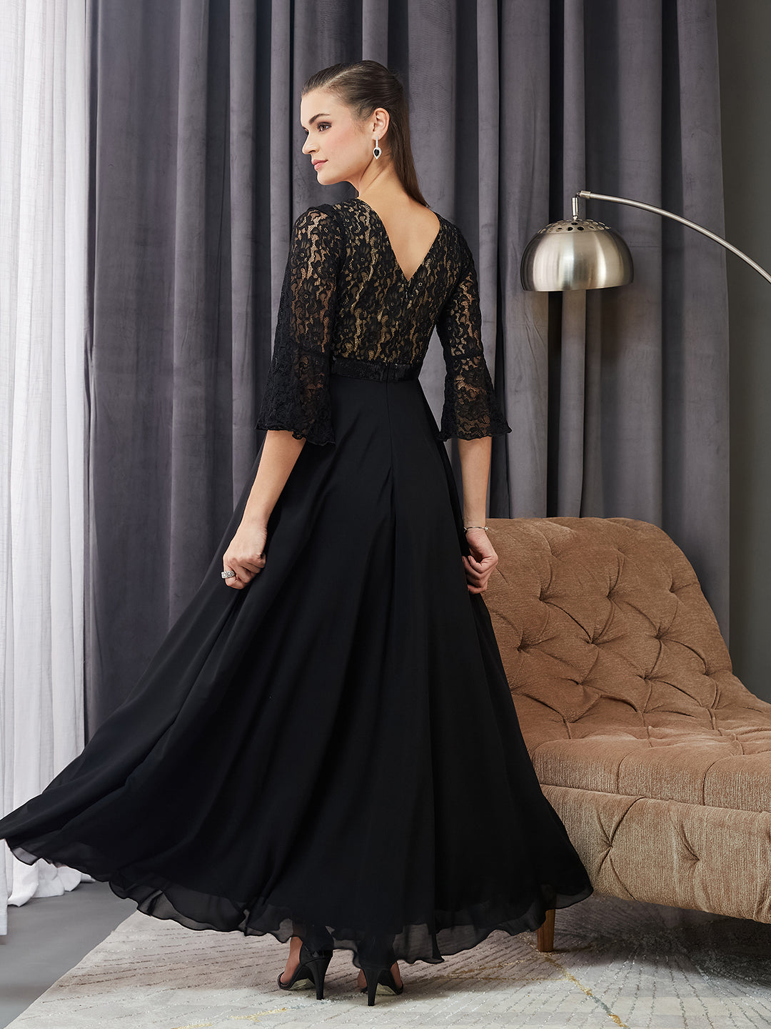Women's Black Sweetheart-Neck Full Sleeve Floral Lace-Overlaid Georgette Maxi Dress