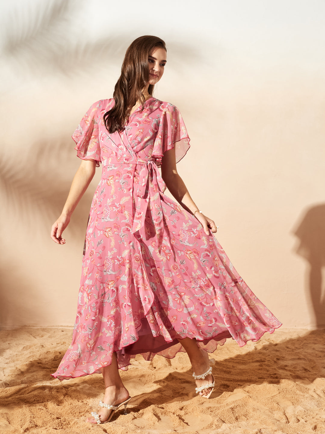 Pink V-Neck Flared Floral Overlap/Tie-Up Maxi Chiffon Dress for Women