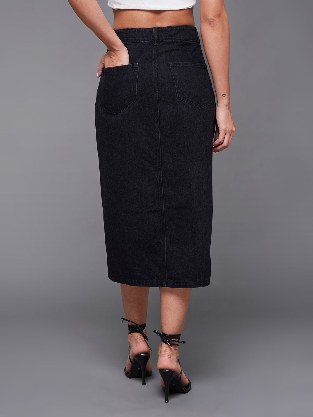 Black Straight-Fit High-Rise Stretchable Denim Midi Skirt for Women