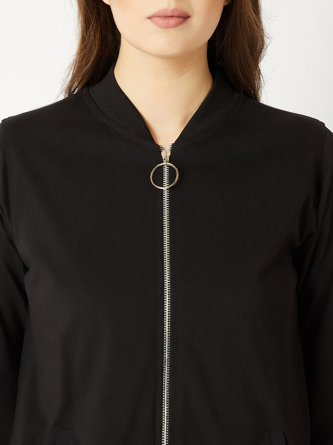 Women's Black Round Neck Full Sleeve Cotton Solid Twill Tape Detailing Ring Puller Detailing Zippered Bomber Jacket