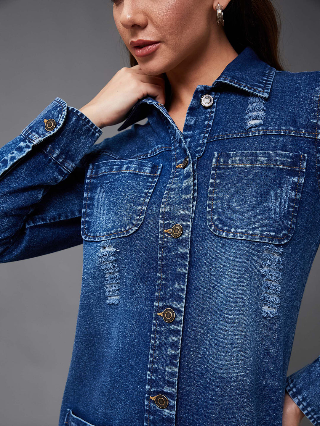 Women's Navy Blue Solid Polo Neck Full Sleeves Patch Pocket Denim Overcoat Knee-Length Jacket