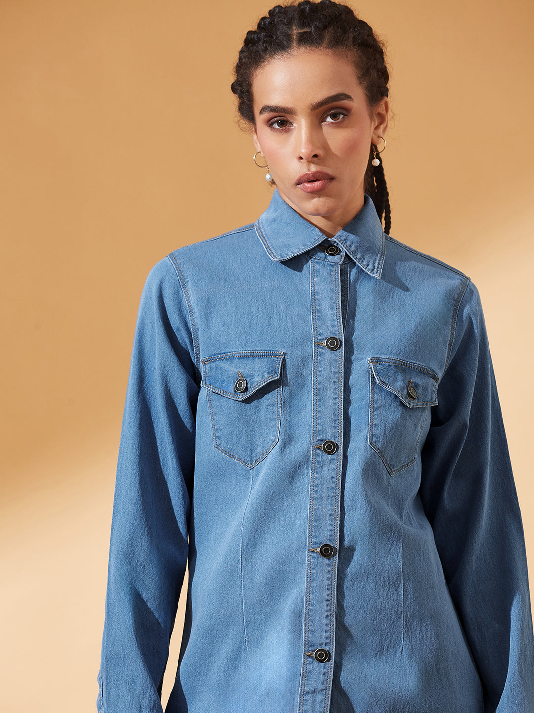 Blue Polo Neck Full Sleeves Denim Knee-Long Shrug for Women