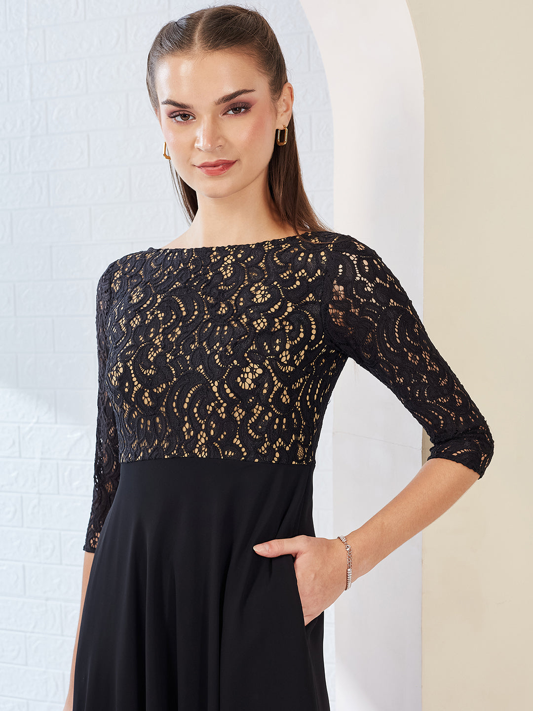 Black Self Design Boat Neck 3/4 Sleeves Side Pocketed Georgette Fit and Flare Maxi Length Dress for Women
