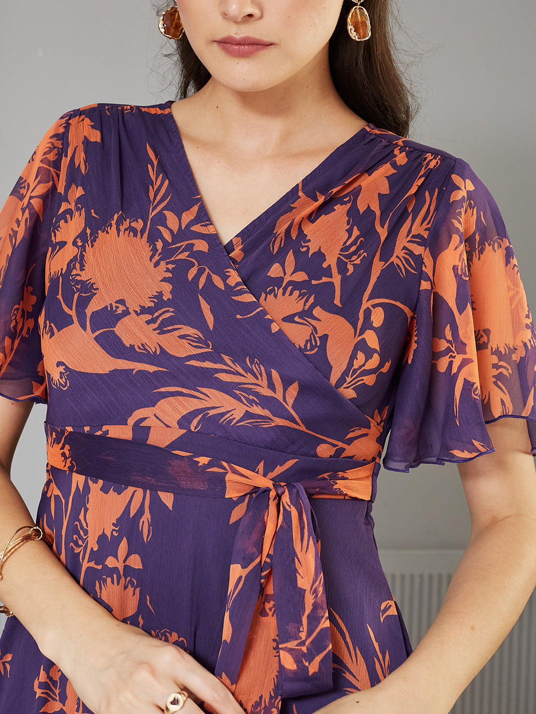 Women's Orange & Purple Floral Wrap Chiffon Maxi Dress with Flutter Sleeves & Frilled Hem